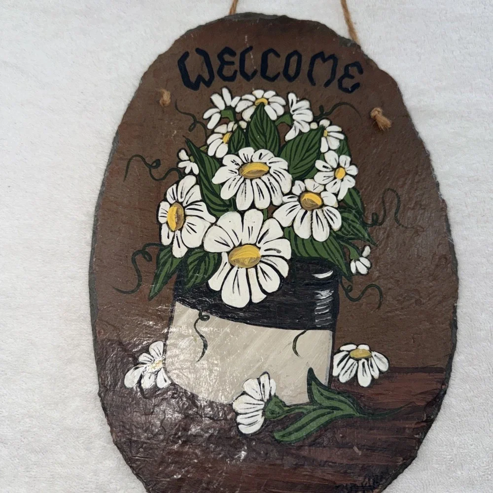 Vintage Stone Slate Welcome Hand Painted Floral Pot Painting 12